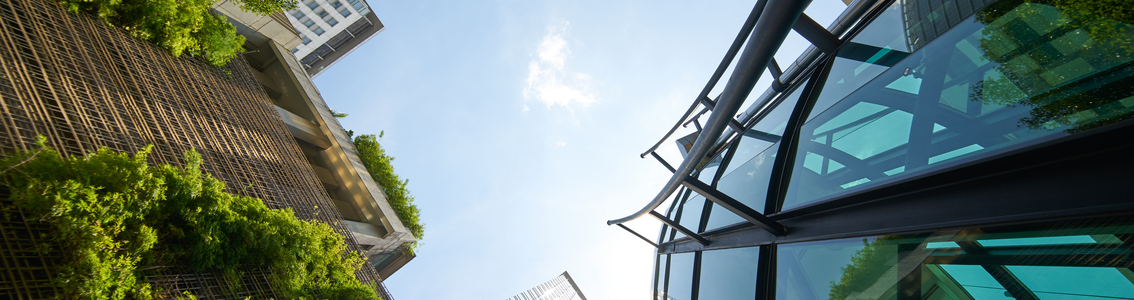 Modern glass buildings and green with clear sky background